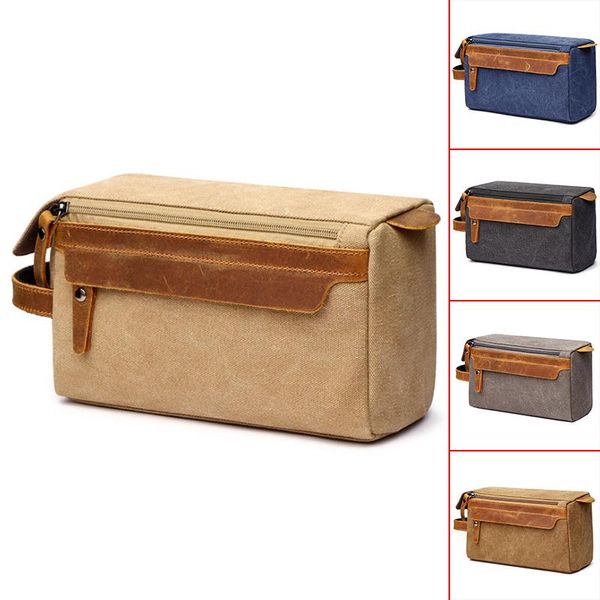 

cosmetic bag for men travel toiletry bag canvas leather makeup shaving storage pouch with side handle grip