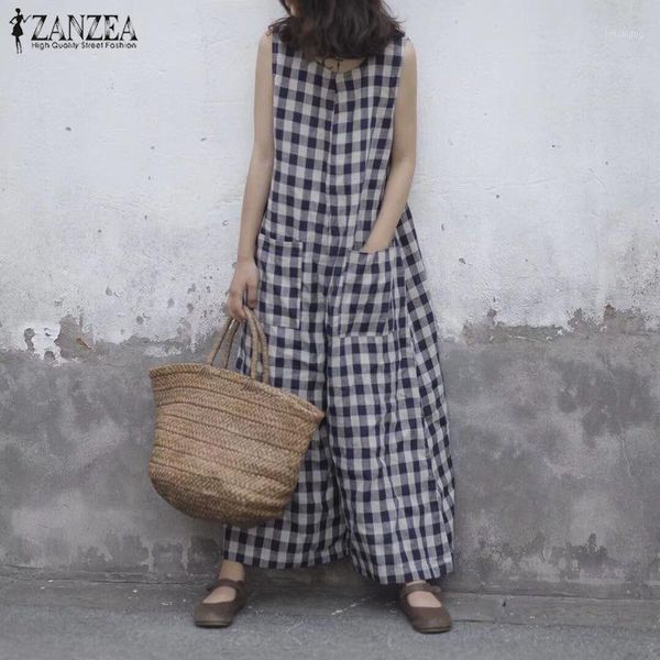 

women's jumpsuits & rompers women's 2022 summer plaid checked women vintage sleeveless wide leg pants casual loose robe overalls p, Black;white