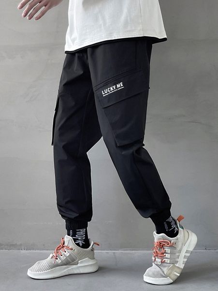 

men slogan graphic flap pocket side pants 528t#, Black