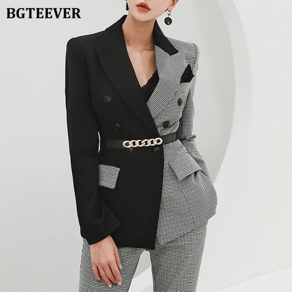 

bgteever elegant patchwork women pant suits slim houndstooth jacket & high waist trousers vintage female blazer set 2021 autumn, White