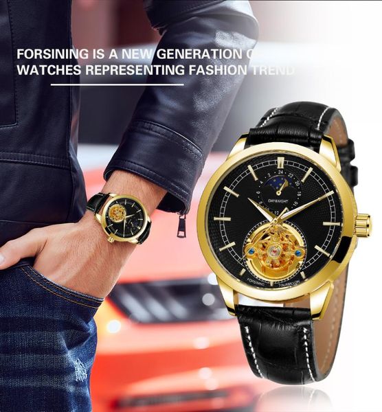 

wristwatches 2021 forsining brand watch mens moon phase gold skeleton clcok luxury man automatic mechanical movement watches reloj hombre, Slivery;brown
