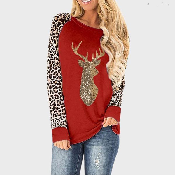 

christmas fawn sequins leopard plus size o-neck long sleeve t shirts for women 2021 fall new tee femma s-5xl woman clothes, White