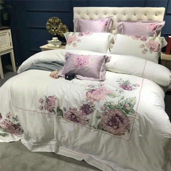

bedding sets purple floral embroidery decoration bed set 2021 cotton white luxury  king size sheet duvet cover