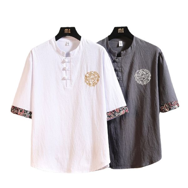 

men's short sleeve t-shirt summer linen embroidery v-neck fashion top, White;black