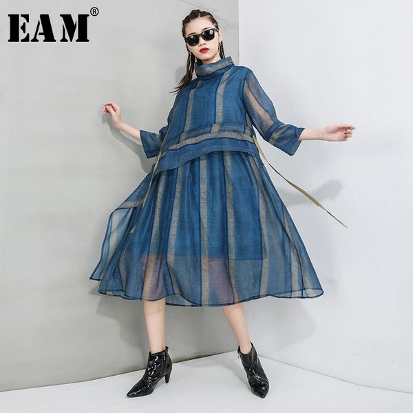 

[eam] women striped perspective mesh split dress new turtleneck three-quarter sleeve loose fit fashion spring autumn 2021 1t554 210316, Black;gray