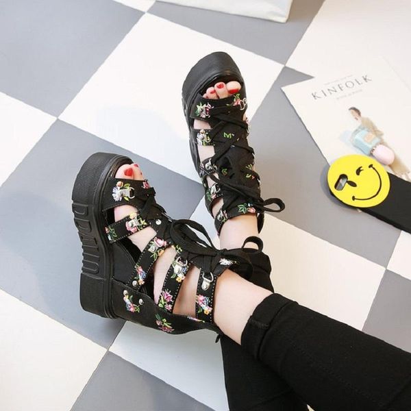 

sandals 2021 summer wedge korean printing increase 12cm super high heel fish mouth female fashion hollow casual shoes, Black