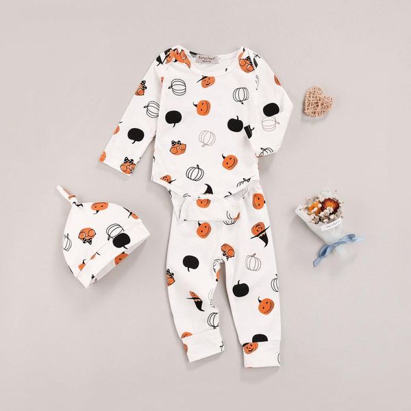 

clothing sets baby girls boys halloween clothes set pumpkin print long sleeve +pants+hat toddler autumn winter outfit, White