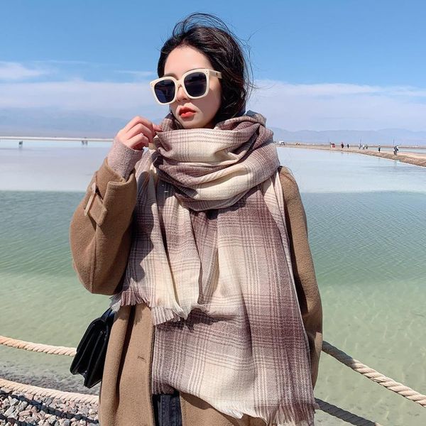 

scarves winter plaid scarf women autumn korean fashion warm muffler dual-use shawl all-match for college students, Blue;gray
