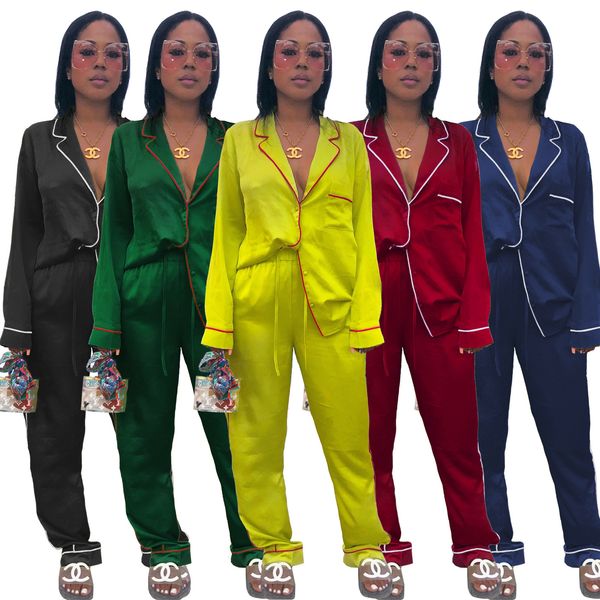 

2021 new solid color patchwork long sleeve turn-down collar ice silk cardigan women pajamas suit autumn two piece set ke96, Gray