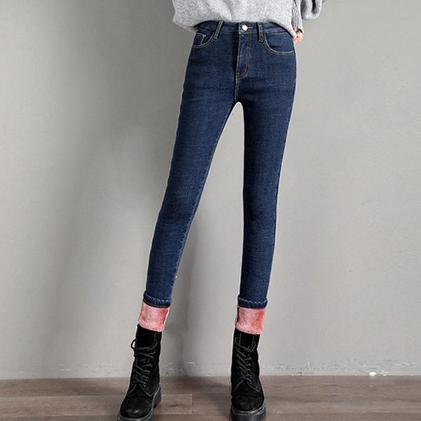 

women's jeans with velvet and thickening to keep warm in winter, Blue