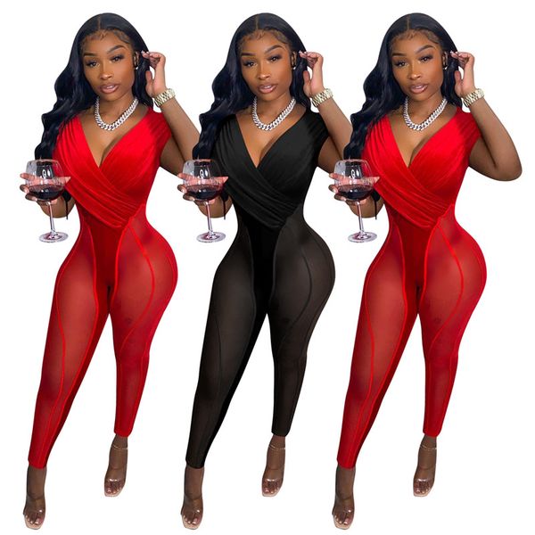 Großhandel Overalls Sommer Frauen Mesh Panelled Bodys Sexy V-Ausschnitt Samt Strampler Ärmellose Overalls Solide Leggings Nachtclub tragen Massenartikel 7042