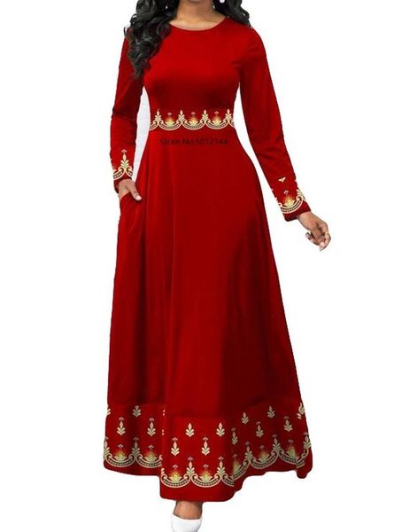 

ethnic clothing african dresses for women 2021 elegant o-neck ball gown maxi casual plus size slim long party dress africa, Red