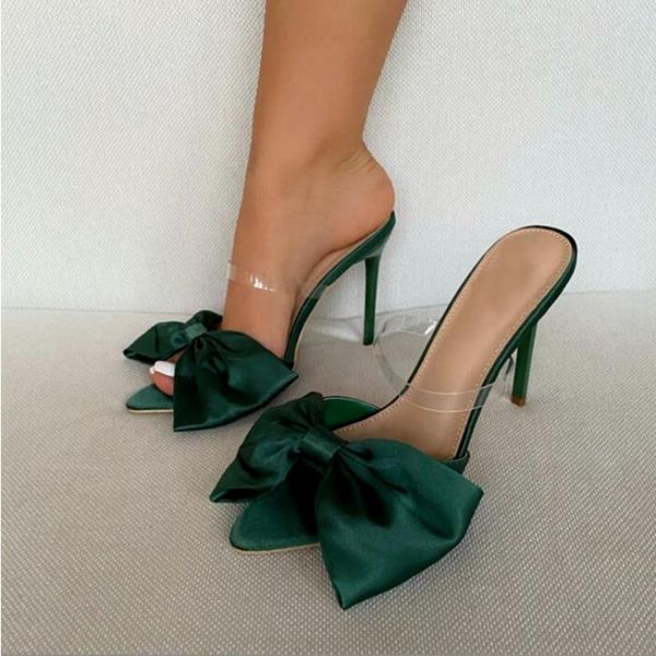 

sandals silk butterfly-knot women slippers mule high heels flip flops pointed toe strappy slides party shoes for, Black