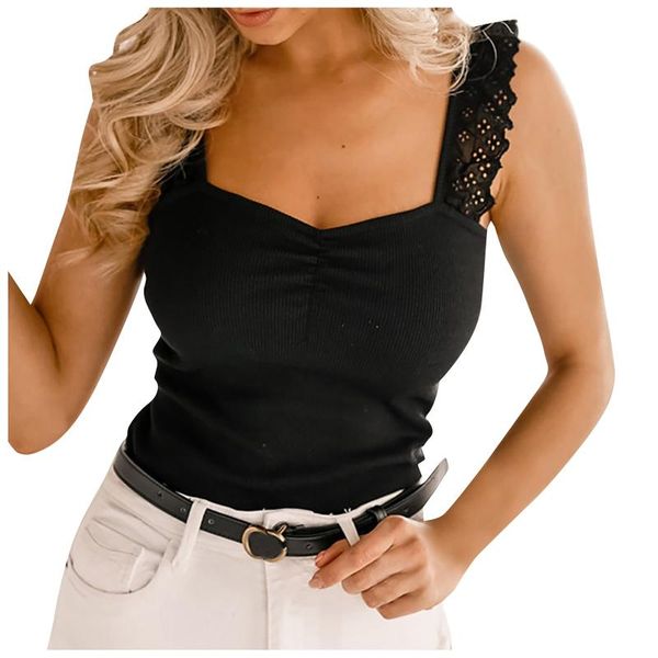 

women's tanks & camis tank women square collar solid knit casual basic summer ribbed slim ruffles female sleeveless cropped vest, White
