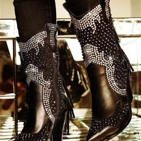 

boots winter woman fashions black rivets mid-calf bangs bling boots thick heels slide on toe pointed short shoes sgjl