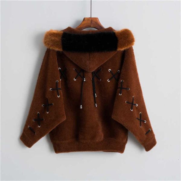 

2021 new women autumn winter faux mink sweater female batwing sleeve hooded open stitch coat warm jacket casaco mujer k192tbi8, Black