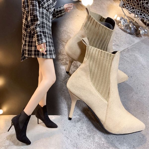 

thin heel high short boots women's autumn winter knitted wool splicing pointed elastic sho, Black