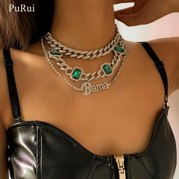 

chokers purui hiphop iced out chain rhinestone choker necklace for women green crystal letter pendant 2021 fashion neck jewelry, Golden;silver