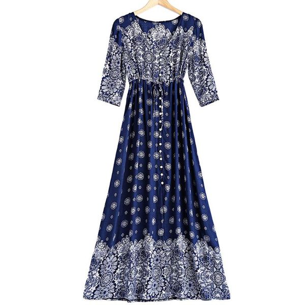 

summer/spring fashion women bohemian printed long pleated dress casual retro v-neck beach dress, Black;gray