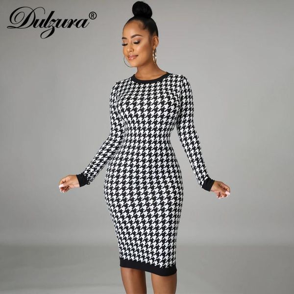 

casual dresses dulzura houndstooth print women long sleeve midi dress hollow out bodycon streetwear 2021 autumn winter club elegant sli, Black;gray