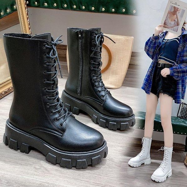 

boots size 35-40 2021 women's mid calf rain autumn england shoes for woman platform heels ladies black white boot