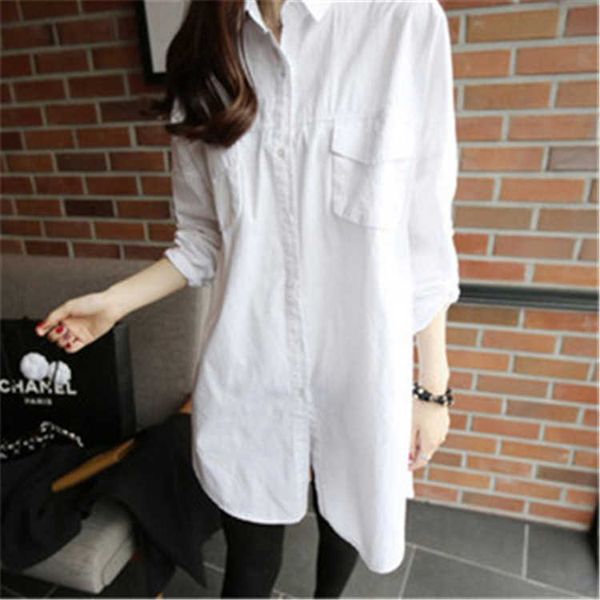 

spring solid long full shirts turn down collar blouse women 210615, White