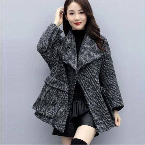 

women's wool & blends woolen coat women high-end jacket autumn winter 2021 korean loose parka female large size slim casual, Black