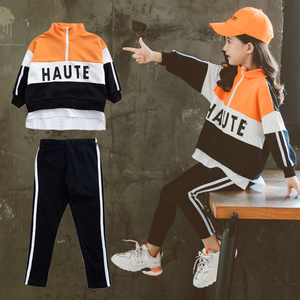 

korean wear new 2021 spring girls' alphabet color matching sweater set two-piece children's sports pants, White