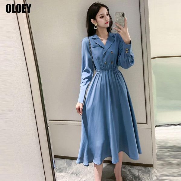 

casual dresses korean 2021 autumn high-waist slim double-breasted suit-collar party female fashion waist office long vestido, Black;gray