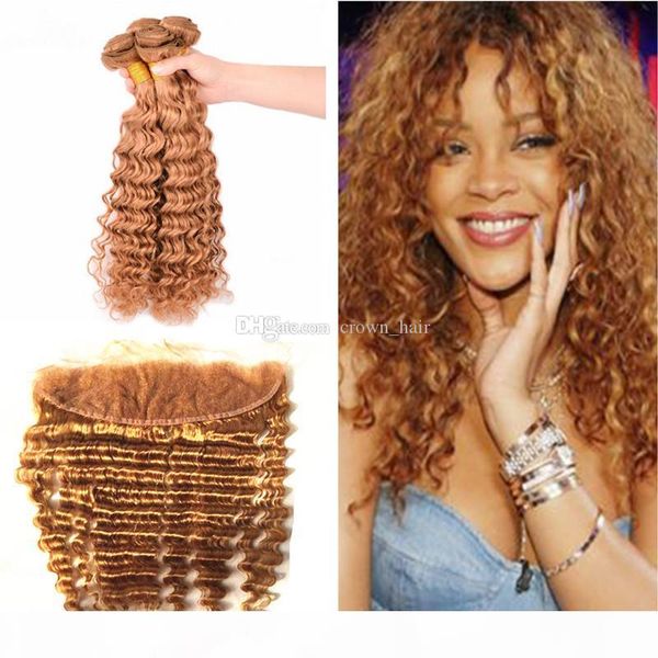 

brazilian honey blonde 27 hair weaves with ear to ear full lace frontals #27 deep wave lace frontal with hair bundles, Black