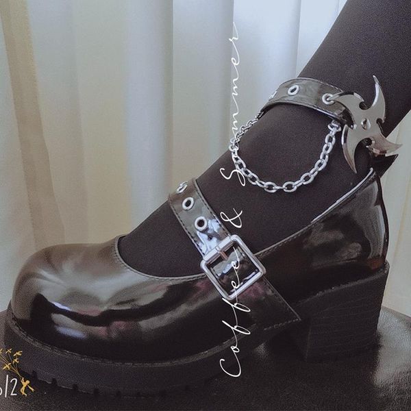 

womens round toe patent leather platform block high heel belt buckle metal darts chains zipper gothic punk shoes pumps 8colors, Black