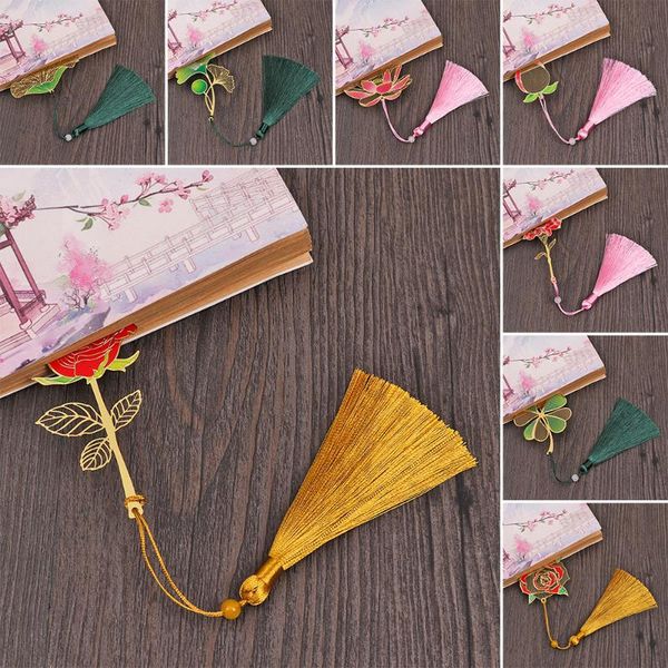 

1pc chinese style retro bookmark hollow out rose lotus leaf brass book clip tassel pendant school stationery supply student gift