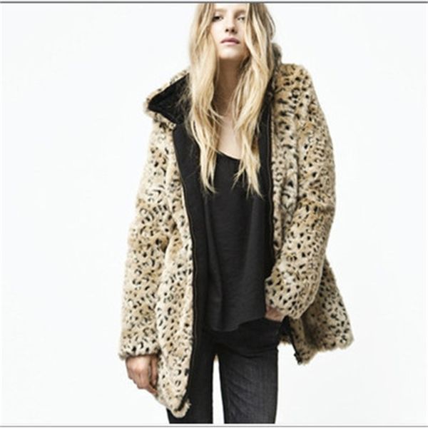 

leopard print jackets for women fall/winter new fashion faux fur coats super thick medium-length with hood 211207, Black