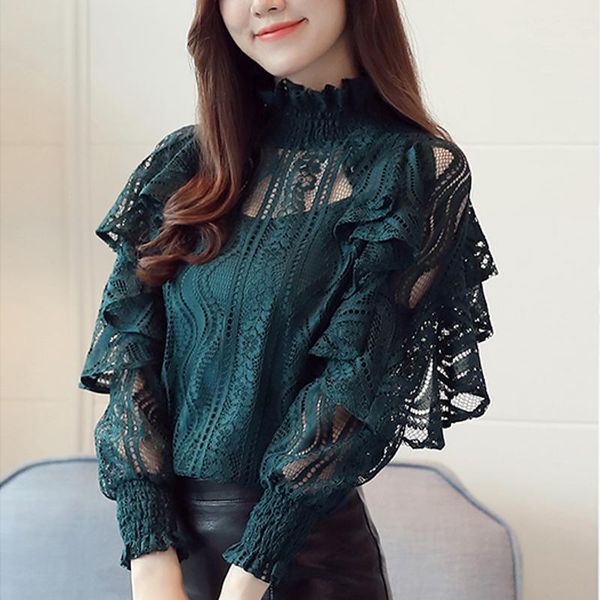

women blouse female elegant blusa 2021 stand collar women clothing long sleeve ruffle lace shirt hollow out lace 911b, White