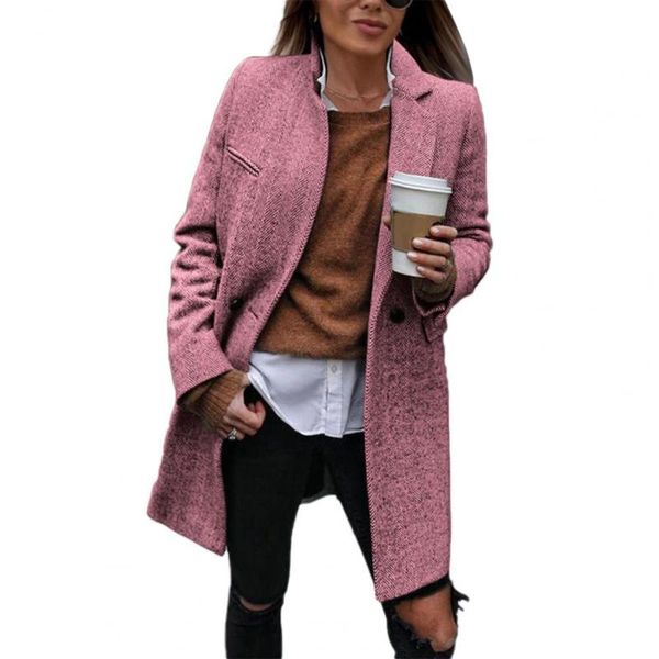 

women's wool & blends fashion lady coat solid color turn-down collar woolen cardigan elegant warm lapel trench women jacket for work au, Black