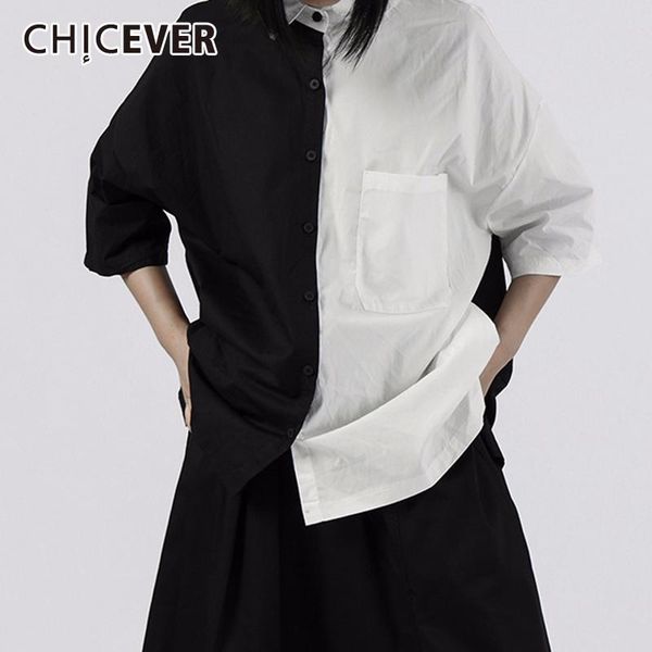 

women's blouses & shirts chicever patchwork hit color shirt womens square collar half sleeve pocket blouse female summer fashion clothe, White