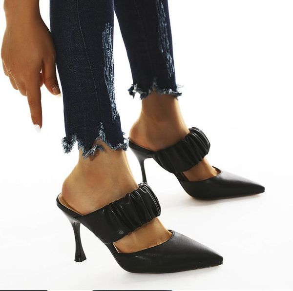 

cover toe female shoes womens slippers outdoor thin heels slides heeled mules 2021 pointed high scandals fretwork rubber basic p, Black