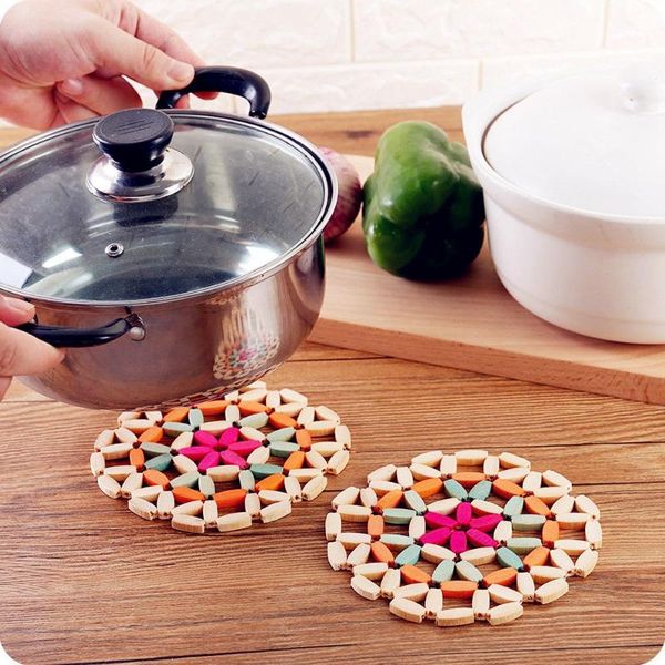 

desk table mats round bamboo placemat heat insulation pads coasters hollow wooden pot cup mat kitchen accessories