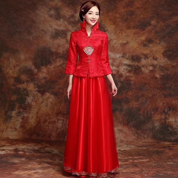 

ethnic clothing bride cheongsam vintage chinese style wedding dress retro toast lady embroidery phoenix gown marriage qipao red clothes
