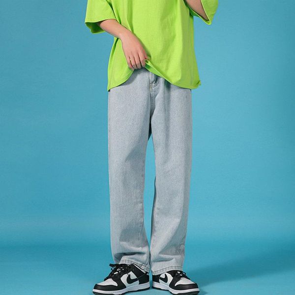 

men's jeans solid straight harem korean style man loose denim trousers streetwear male casual pants 2 colors, Blue
