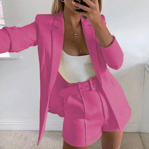 

women's tracksuits womens pant suits solid color blazer short pants 2pcs casual loose lapel neck single breasted ladies sets plus size, Gray