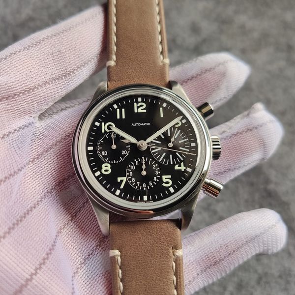 

vintage chronograph men watch wristwatch 41mm mechanical waterproof automatic movement grand father gift orologio di lusso, Slivery;brown