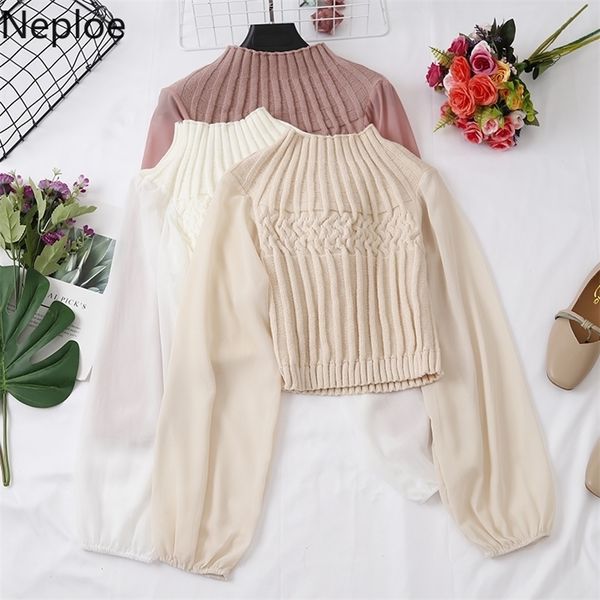 

neploe women blouse spring casual lantern sleeve chiffon sleeve stretchy shirts fashion pit knitting slim elastic 1a427 210225, White