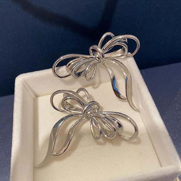 

dangle & chandelier fairy metal exaggerated big bow chic earrings personality elegant glossy ribbon knot sweet cool girls unusual piercing, Silver