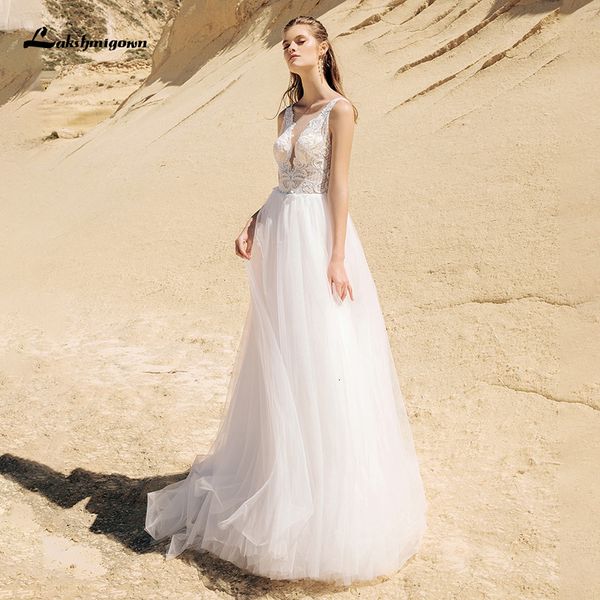 

new boho beach a line wedding es 2021 lace applique sleeveless country bridal gowns v back vestido de novia 5959, White
