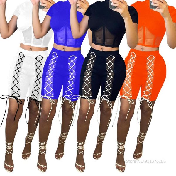 

women's tracksuits sheer mesh two piece set short sleeve crop and criss-cross lace up knee length pants night clubwear summer cloth, Gray