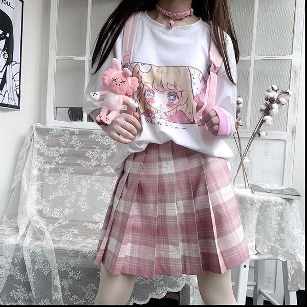 

two piece suit] summer new two dimensional animation fresh print short sleeved t shirt pleated skirt suit single pard para punk, Black