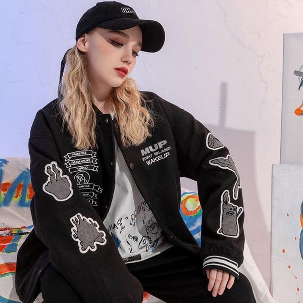 

women's jackets 2021 spring and autumn fashion jacket men's loose couple casual embroidered baseball uniform top, Black;brown