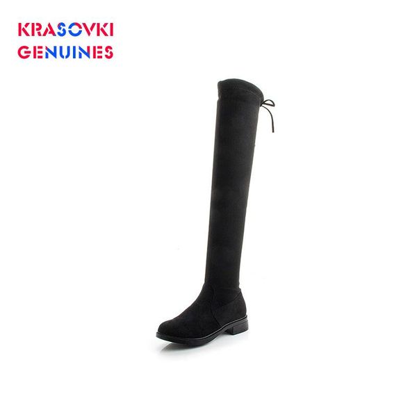 

boots krasovki women's thigh boot fleece lined round toe 2021 fashion flat bottom causal breathable flock solid slip hoof heels, Black