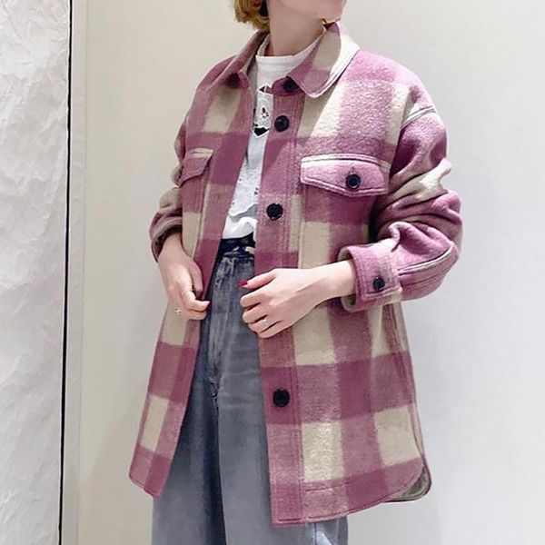 

women's wool & blends 2021 winter women woolen plaid coat long sleeve turn-down collar pockets female jacket classic vintage loose over, Black